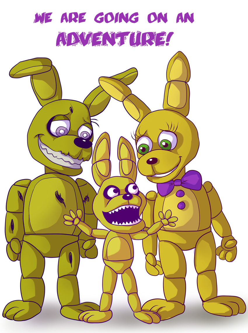 2015 2020 3_toes 4_fingers adventure_plushtrap_(fnaf) adventure_spring_bonnie_(fnaf) adventure_springtrap_(fnaf) ambiguous_gender animatronic anthro barefoot black_eyes black_nose bow_tie english_text exclamation_point eye_contact eyelashes featureless_crotch feet fingers five_nights_at_freddy's five_nights_at_freddy's_3 five_nights_at_freddy's_4 five_nights_at_freddy's_world green_body green_eyes grey_eyes group happy hi_res ladyfiszi lagomorph leporid long_ears looking_at_another looking_down looking_up machine male mammal open_mouth plushtrap_(fnaf) rabbit raised_arm robot scottgames shadow sharp_teeth simple_background size_difference smile spring_bonnie_(fnaf) springtrap_(fnaf) standing teeth text toes torn_body white_background wire yellow_body yellow_ears