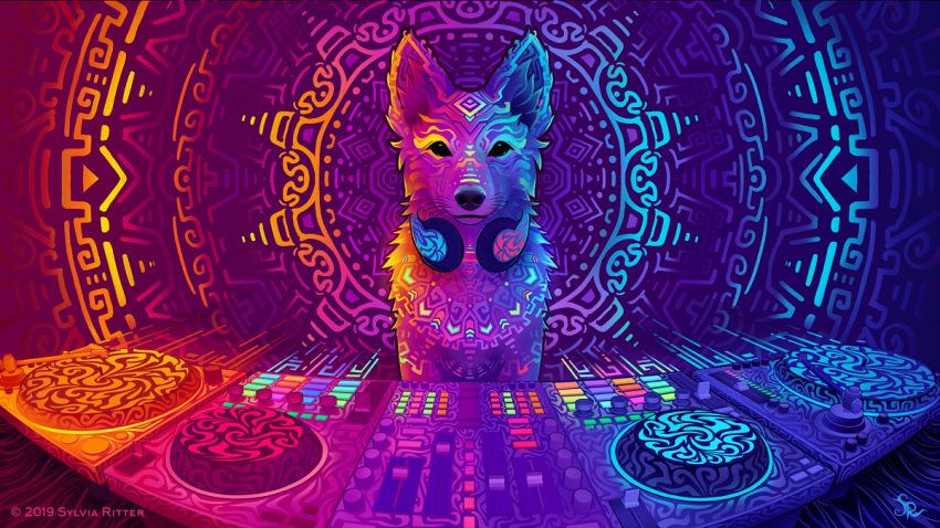 16:9 2019 ambiguous_gender black_eyes canid canine canis colorful_theme copyright_symbol dingo disc_jockey dj_booth epilepsy_warning feral linux looking_at_viewer mammal psychedelic solo sparklefur sylvia_ritter symbol symmetry symmetry_(reflectional) ubuntu whiskers widescreen