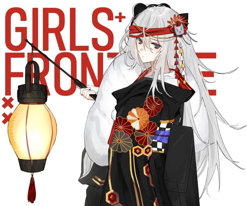 3o_c black_kimono bow closed_mouth copyright_name english_text feline female flower from_side g11_(girls'_frontline) g11_(lucky_rat's_lazy_spring)_(girls'_frontline) girls'_frontline grey_eyes hair_between_eyes hair_flower hair_ornament hair_ribbon hairband hairbow headband holding holding_lantern japanese_clothes kimono kitten lamp lantern long_hair looking_at_viewer mask official_alternate_costume red_flower red_headband ribbon simple_background solo text_focus upper_body very_long_hair white_background white_hair