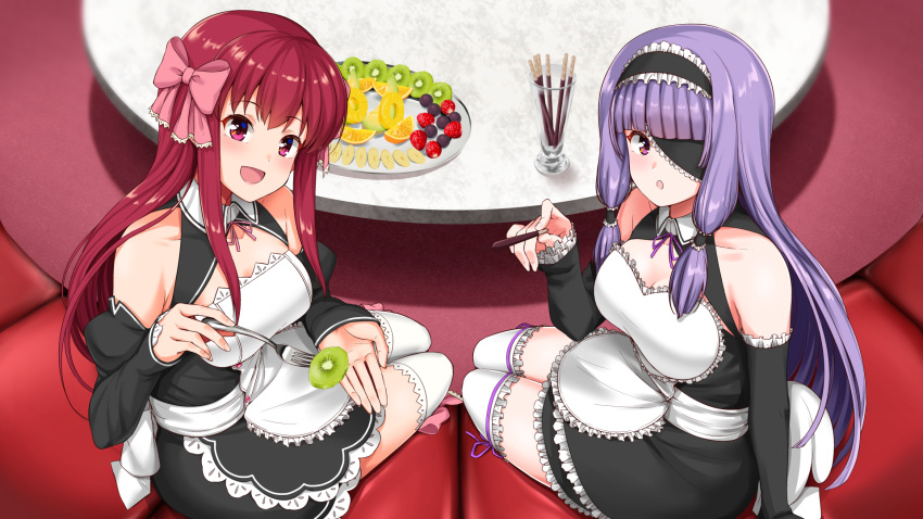 2girls :o amane_(dream_c_club) bow detached_sleeves dream_c_club dream_c_club_(series) eyepatch food fork fruit hairbow headdress highres hisakabe_oto hostess kiwi_(fruit) long_hair looking_at_viewer maid mari_(dream_c_club) multiple_girls open_mouth orange_(fruit) pink_eyes pocky purple_hair red_hair strawberry thighhighs white_legwear