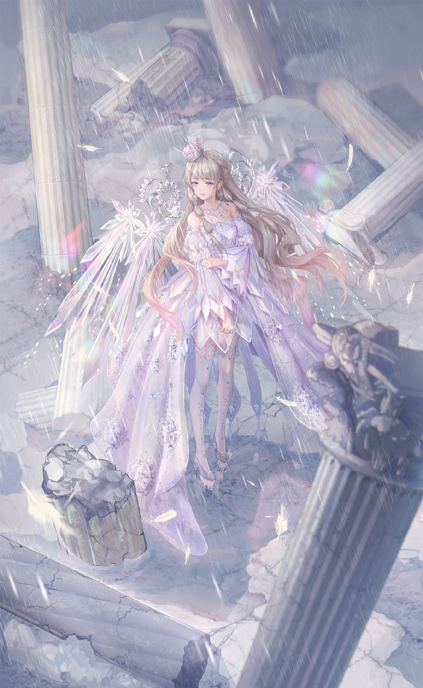 bangs column criin crown crystal_earrings crystal_wings dress earrings eyebrows_visible_through_hair female game_cg gem high_heels highres jewelry krista_(shining_nikki) lavender_dress long_hair necklace official_art pillar platform_footwear platform_heels rain ring ruins see-through_skirt shining_nikki skirt solo thighhighs transparent_wings