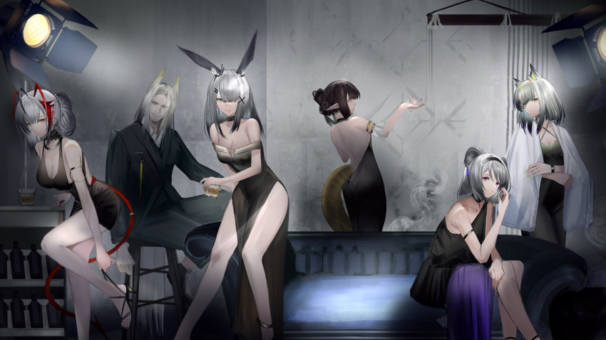 1boy 5girls adjusting_footwear ahoge animal_ears antennae arknights back black_dress black_hairband breasts brown_hair cleavage couch demon_girl demon_horns demon_tail dress eugle_na eunectes_(arknights) folded_ponytail frostnova_(arknights) green_hair grey_eyes grey_hair hair_ornament hair_over_one_eye hairband hairclip head_wings hellagur_(arknights) high_heels highres horns indoors jacket kal'tsit_(arknights) large_breasts lin_(arknights) long_hair looking_at_viewer multiple_girls off-shoulder_dress off_shoulder open_clothes open_jacket pelvic_curtain pointy_ears purple_eyes rabbit_ears short_hair sitting sleeveless sleeveless_dress snake_tail stage_lights standing tail w_(arknights) watch white_jacket wings wristwatch x_hair_ornament