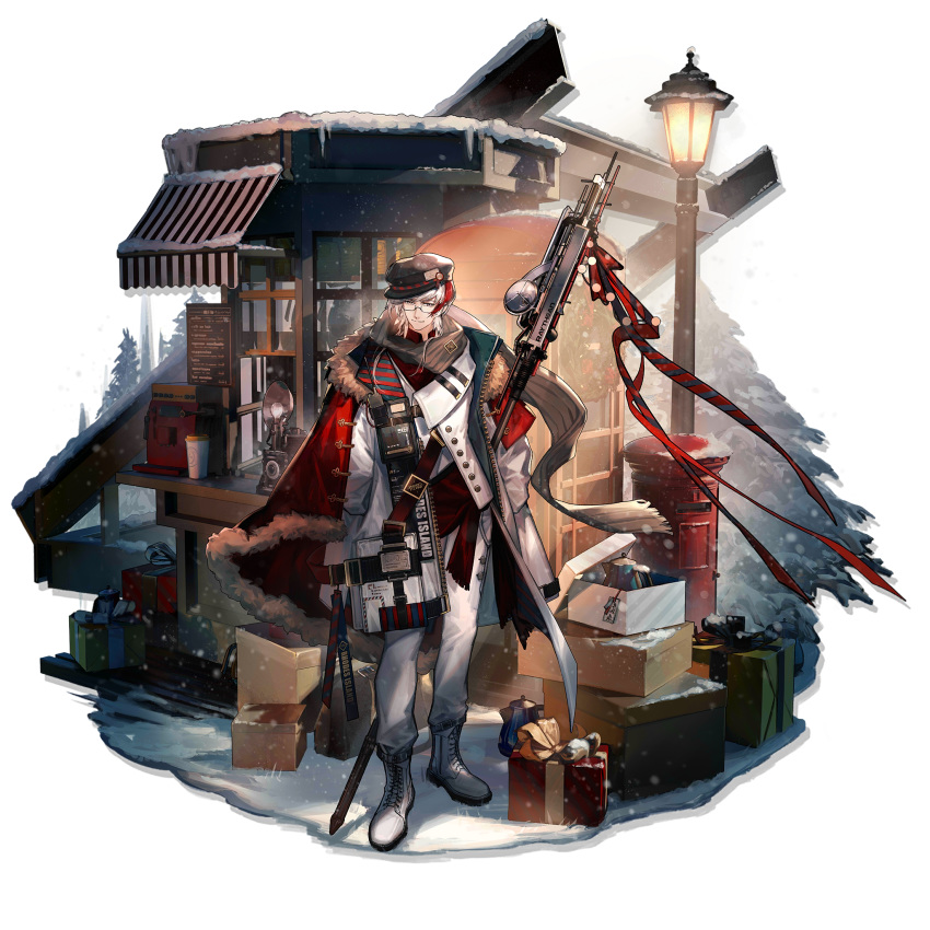 1boy arknights bespectacled black_hat box buttons cabbie_hat camera cloak coat coffee_maker elysium_(arknights) elysium_(snowy_echo)_(arknights) english_text feather_hair full_body fur-trimmed_cloak fur_trim gift gift_box glasses grey_eyes hat highres holding holding_pole kettle lamppost long_sleeves male_focus multicolored_hair official_alternate_costume official_art outdoors pants pole postbox_(outgoing_mail) red_cloak skade smile snow solo standing streaked_hair tag transparent_background tree watermark white_coat white_footwear white_hair white_pants winter_clothes wreath