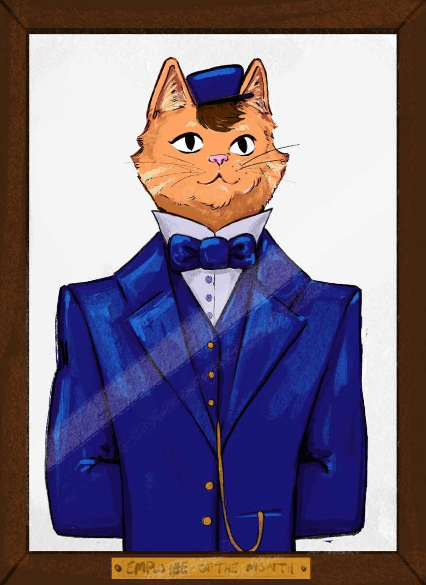 ambiguous_gender anthro bow_tie clothed clothing colored domestic_cat drawfee_(copyright) drawtectives english_text facial_markings felid feline felis felix_(drawtectives) fully_clothed fur head_markings hi_res inner_ear_fluff itskatieclearly mammal markings orange_body orange_fur photo picture_frame pink_nose prick_ears shaded smile solo striped_body striped_fur stripes suit suit_jacket text tuft whiskers