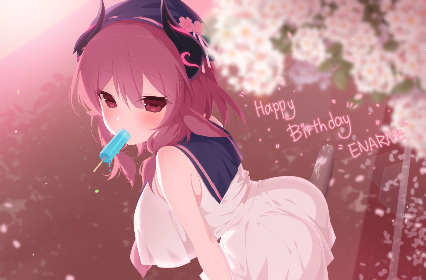 absurdres ass bare_shoulders bent_over blurry blurry_background breasts female flower food goat-chan_(enarane) goat_girl goat_horns hair_between_eyes happy_birthday hat highres horns ia_(ias1010) large_breasts looking_at_viewer mouth_hold original popsicle red_eyes red_hair sailor_collar shirt skirt solo white_shirt white_skirt