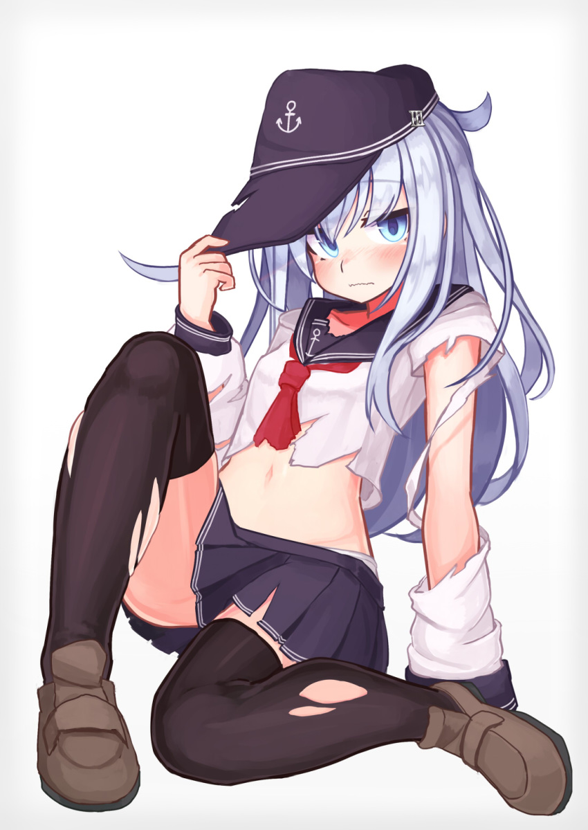 anchor anchor_symbol black_thighhighs blue_eyes blush breasts brown_footwear closed_mouth female flat_cap full_body grey_background grey_hair hat hibiki_(kancolle) highres kantai_collection long_hair long_sleeves navel neckerchief red_neckerchief reitou_mikan sailor_collar school_uniform serafuku simple_background skirt small_breasts solo thighhighs torn_clothes torn_skirt torn_thighhighs wavy_mouth