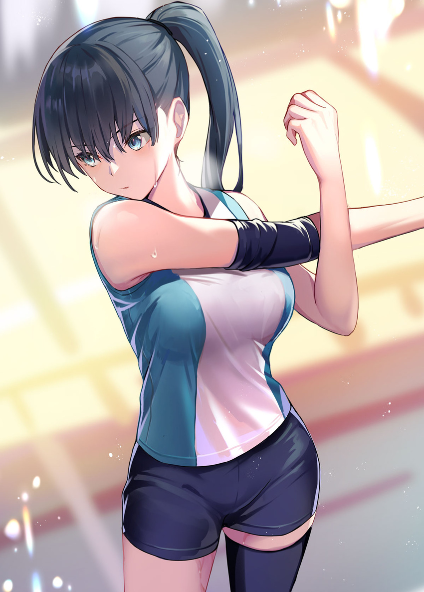 black_hair black_shorts black_thighhighs blue_eyes blue_shirt blurry blurry_background cowboy_shot cross-body_stretch day elbow_pads female hair_between_eyes highres indoors kagawa_ichigo looking_to_the_side medium_hair parted_lips ponytail shirt short_shorts shorts shuumatsu_no_harem single_thighhigh sleeveless sleeveless_shirt solo sportswear standing stretching sunlight sweat taut_clothes thighhighs toudou_akira_(shuumatsu_no_harem) two-tone_shirt volleyball_uniform white_shirt