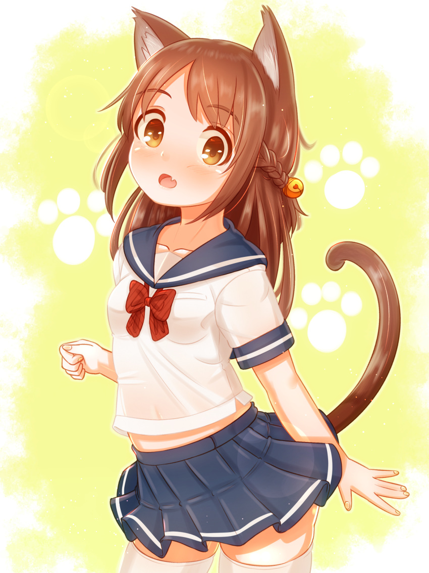 absurdres animal_ears bell blue_skirt blush bow bowtie braid breasts brown_eyes brown_hair cat_ears cat_girl cat_tail female hair_bell hair_ornament highres long_hair oerba_yun_fang open_mouth original paw_print red_bow red_bowtie sailor_collar school_uniform serafuku short_sleeves simple_background skin_fang skirt solo suzushiro_(gripen39) tail thighhighs white_background