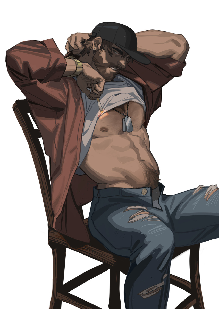 1boy abs bara bare_pectorals beard black_headwear body_hair brown_hair bulge chair chest_hair cigarette clothes_lift denim earrings facial_hair highres horikwawataru jacket jeans jewelry large_pectorals male_focus mature_male muscular muscular_male navel navel_hair necklace nipples on_chair open_clothes open_fly open_jacket open_pants original pants pectorals red_jacket shirt shirt_lift short_hair sitting solo stomach thick_navel_hair torn_clothes torn_pants undressing watch white_background white_shirt wristwatch