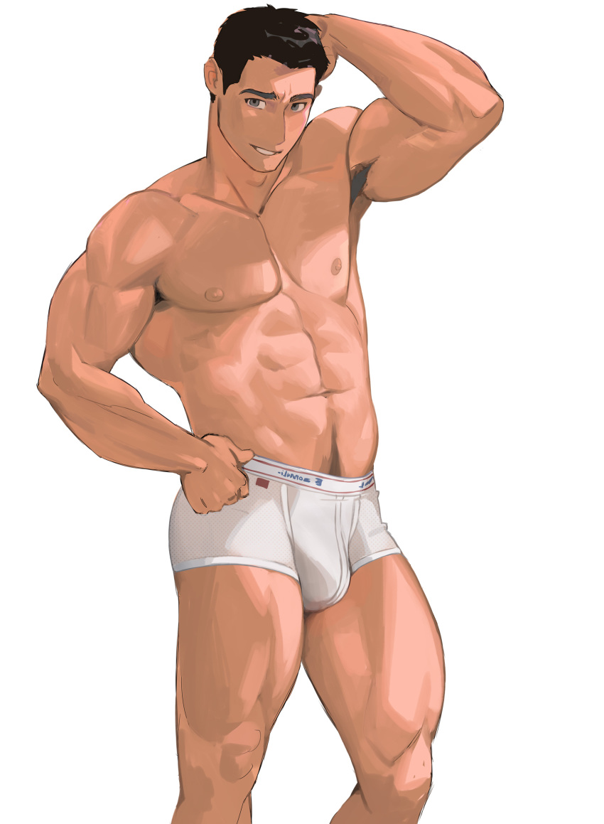 1boy abs armpit_hair bara black_hair body_hair boxers bulge feet_out_of_frame grey_eyes hand_on_own_head highres horikwawataru large_pectorals male_focus male_underwear muscular muscular_male navel navel_hair nipples original pectorals short_hair smile solo stomach thighs topless_male underwear underwear_only white_background white_male_underwear