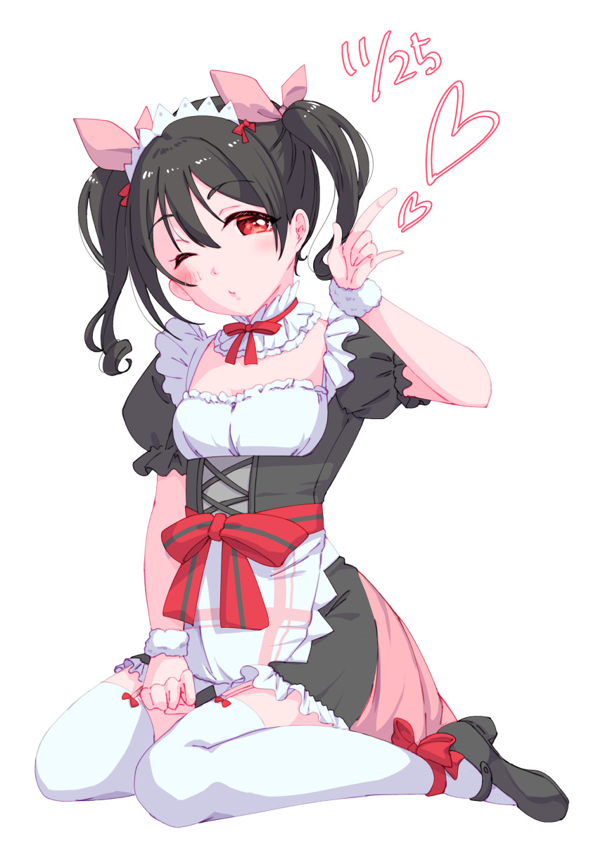 absurdres alternate_costume apron black_footwear black_hair black_shirt black_skirt blush bow breasts choker cleavage enmaided female frilled_skirt frills full_body hairbow highres kobayashi_nyoromichi long_hair looking_at_viewer love_live! love_live!_school_idol_project maid maid_headdress mary_janes miniskirt mogyutto_"love"_de_sekkin_chuu! one_eye_closed pink_bow print_apron red_bow red_eyes shirt shoes short_sleeves simple_background sitting skirt small_breasts solo thighhighs twintails waist_apron wariza white_apron white_background white_choker white_thighhighs wrist_cuffs yazawa_nico zettai_ryouiki