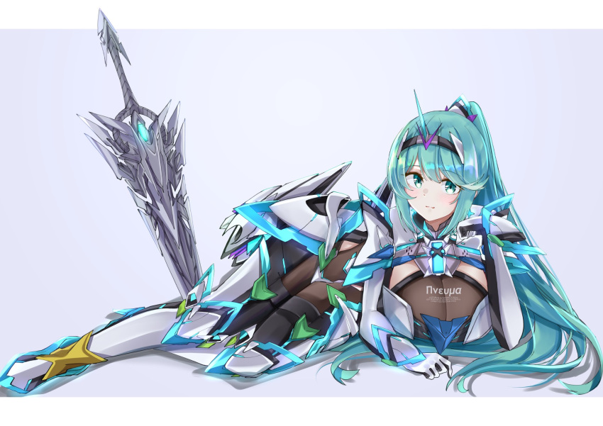 aegis_sword_(xenoblade) breasts chest_jewel earrings female full_body gloves green_eyes green_hair grey_background high_heels highres jewelry large_breasts long_hair looking_at_viewer lying on_side pneuma_(xenoblade) ponytail sarasadou_dan smile solo spoilers swept_bangs sword tiara very_long_hair weapon xenoblade_chronicles_(series) xenoblade_chronicles_2