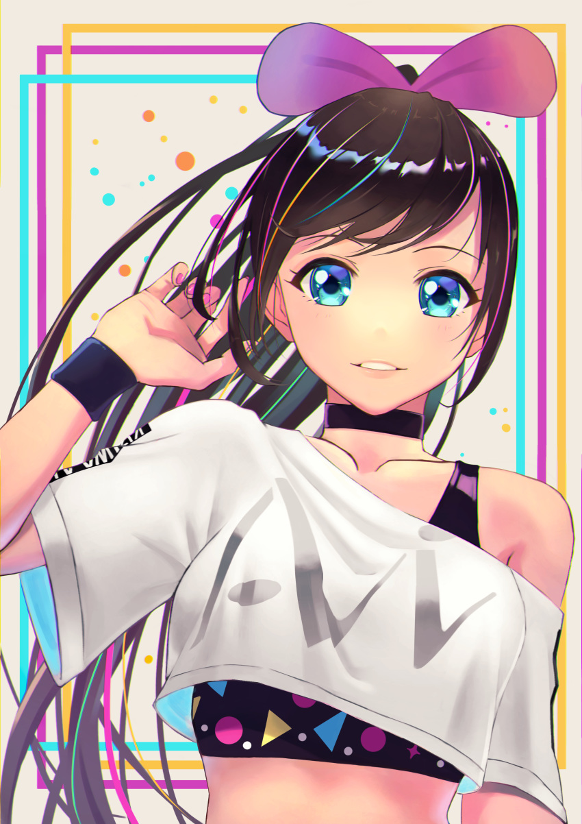 absurdres black_choker blue_eyes brown_hair choker collarbone crop_top eyebrows_hidden_by_hair female floating_hair hara_kenshi high_ponytail highres kizuna_ai kizuna_ai_(musician) kizuna_ai_inc. long_hair looking_at_viewer multicolored_hair nail_polish off_shoulder official_alternate_costume parted_lips pink_nails shirt short_sleeves smile solo streaked_hair swept_bangs upper_body very_long_hair virtual_youtuber white_shirt wristband