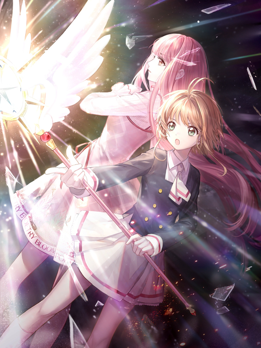 2girls ahoge back-to-back black_background black_jacket brown_hair cardcaptor_sakura collared_shirt crossover dress game_cg glass_shards glowing green_eyes highres holding holding_staff jacket kinomoto_sakura long_hair long_sleeves multiple_girls necktie nikki_(miracle_nikki) nikki_(series) official_art open_mouth pink_hair school_uniform shining_nikki shirt short_hair short_necktie skirt socks source_request staff tomoeda_middle_school_uniform white_necktie white_shirt white_skirt yume_no_tsue