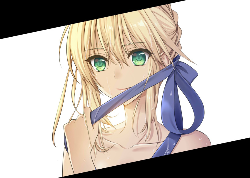 artoria_pendragon_(fate) artoria_pendragon_(swimsuit_archer)_(fate) artoria_pendragon_(swimsuit_archer)_(first_ascension)_(fate) bare_shoulders blonde_hair braid fate/grand_order fate_(series) female fugounoshu green_eyes hair_between_eyes hair_ribbon holding holding_ribbon light_smile looking_at_viewer ribbon short_hair sidelocks simple_background solo upper_body white_background