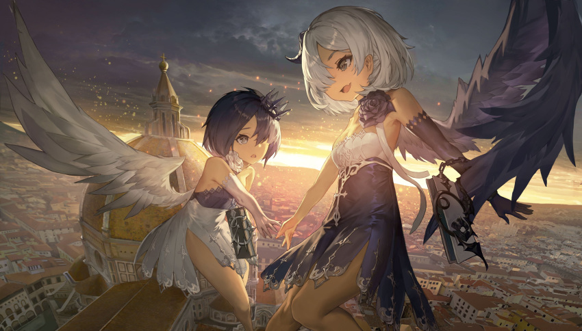 2girls absurdres beatrice_(masterwork_apocalypse) black_dress black_flower black_hair black_rose black_vs_white book breasts cityscape contrast cross crown dark_skin dress elbow_gloves feathered_wings flower from_above gloves grey_eyes hair_over_one_eye highres horizon horns looking_at_another masterwork_apocalypse messikid mini_crown multiple_girls oerba_yun_fang official_art reverse_palettes rose scenery short_hair silver_trim single_glove single_horn single_wing skin_fang small_breasts sunset virgil_(masterwork_apocalypse) white_dress white_flower white_hair white_rose wings