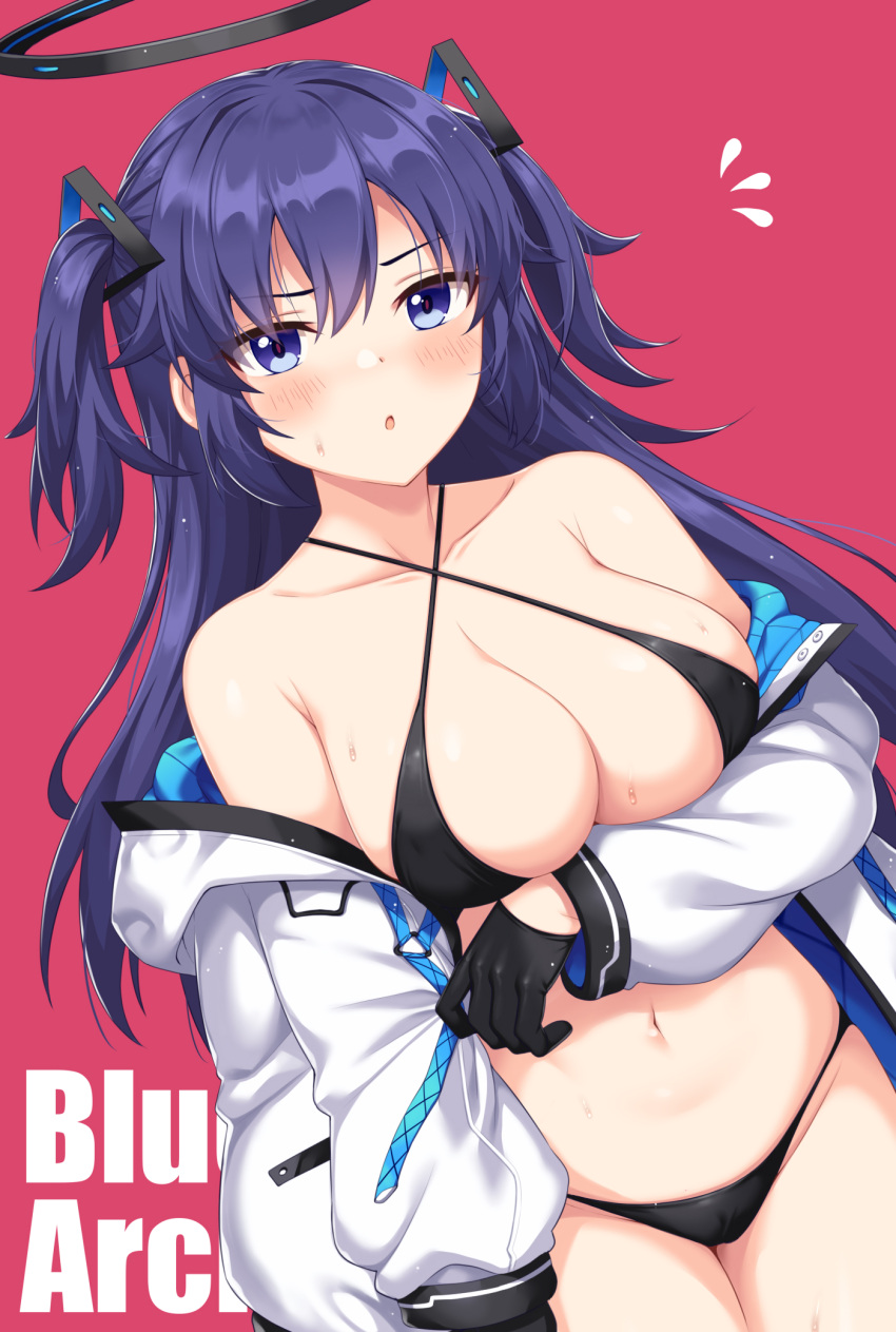 bare_shoulders bikini black_bikini black_gloves blue_archive blue_eyes blue_hair blush breasts cleavage collarbone copyright_name female gloves hair_ornament halo highres horosuke jacket large_breasts long_hair long_sleeves looking_at_viewer navel off_shoulder open_clothes open_jacket open_mouth pink_background revision sidelocks solo sweat swimsuit two_side_up white_jacket yuuka_(blue_archive)