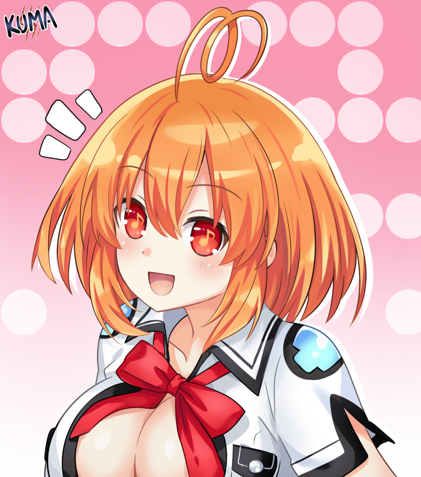 ahoge blush breasts cleavage female hair_between_eyes highres large_breasts lewdkuma marvelousaql_(neptunia) musical_note musical_note-shaped_pupils neptune_(series) orange_eyes orange_hair red_eyes red_ribbon ribbon shirt short_hair short_sleeves smile solo symbol-shaped_pupils