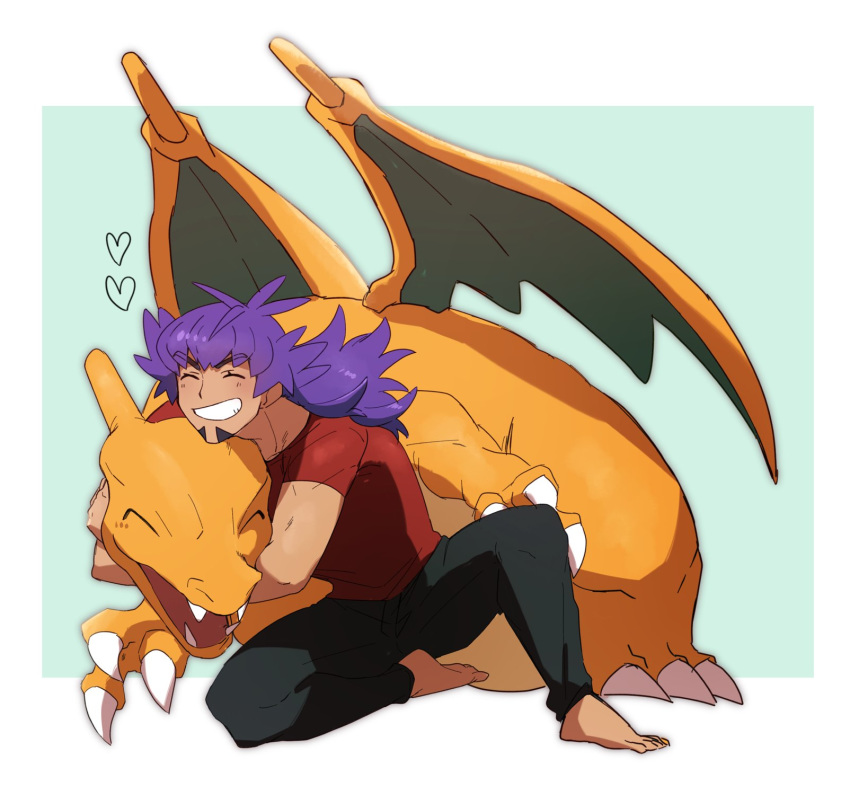 1boy affectionate alternate_costume barefoot black_pants charizard claws dark-skinned_male dark_skin facial_hair heart highres hug leon_(pokemon) long_hair male_focus morio_(poke_orio) pants pokemon pokemon_(creature) pokemon_swsh purple_hair red_shirt shirt short_sleeves smile teeth toes