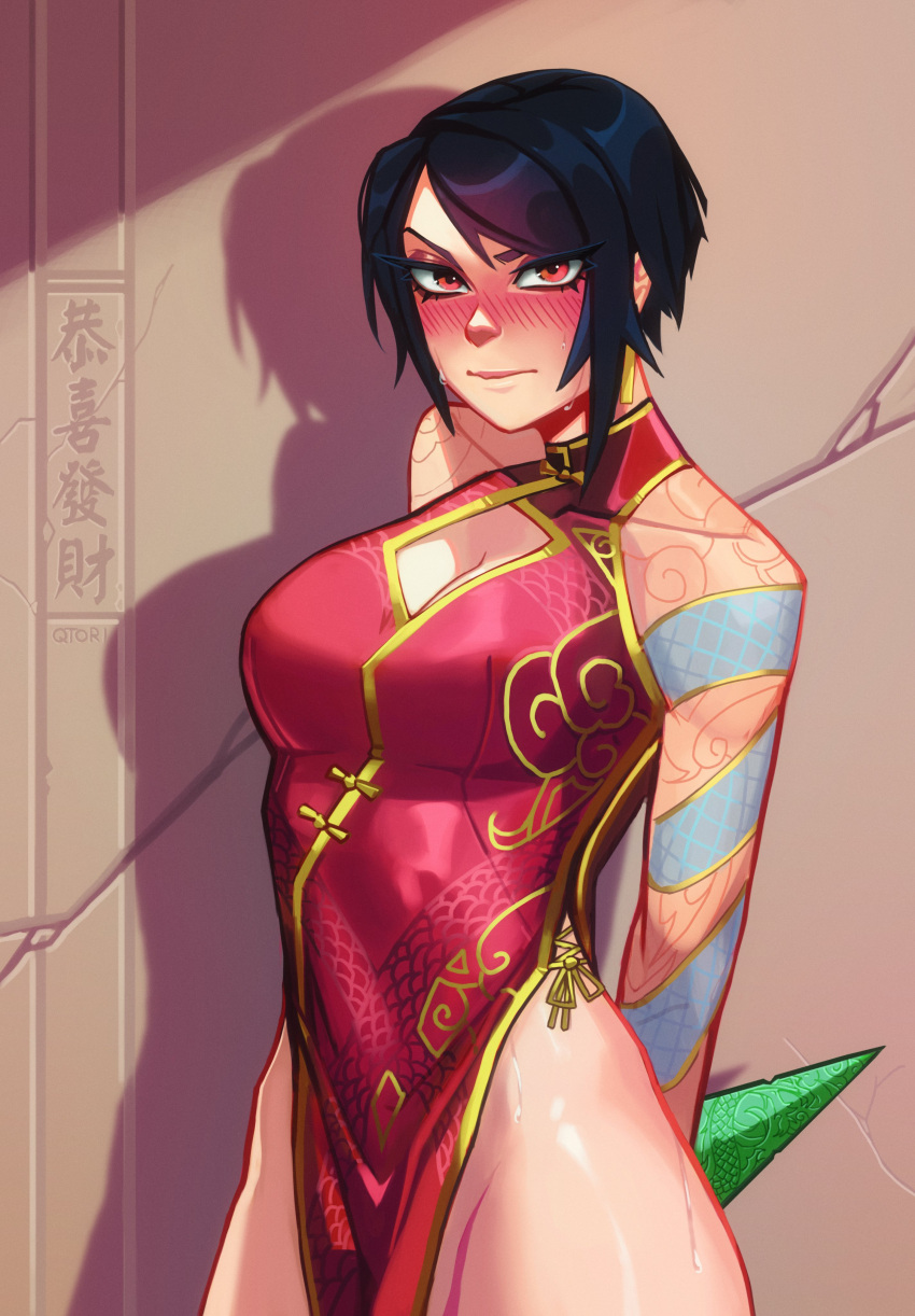 absurdres against_wall akali arm_tattoo arms_behind_back artist_name black_hair blush breasts china_dress chinese_clothes cleavage_cutout clothing_cutout commentary cowboy_shot dress english_commentary female highleg highleg_dress highres league_of_legends looking_at_viewer medium_breasts no_panties qtori red_eyes scar scar_on_leg shadow short_hair sleeveless solo sweat tattoo watermark