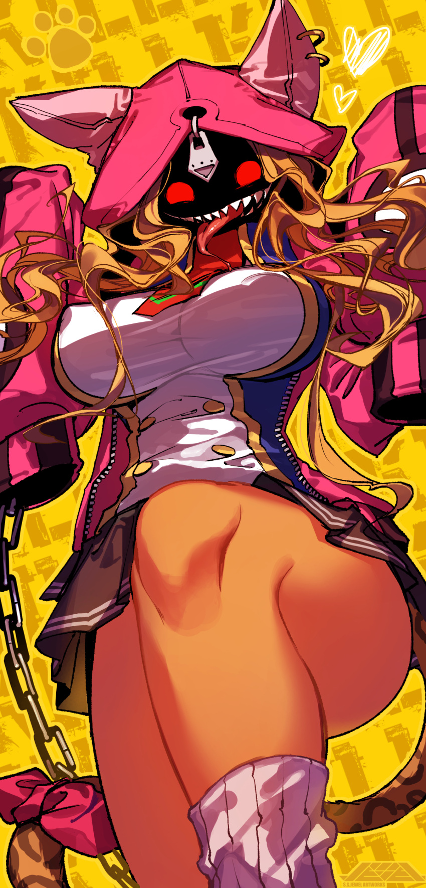 absurdres animal_hood blazblue blazblue_remix_heart blonde_hair bow breasts cat_girl cat_hood chachakaka chains commentary_request dark-skinned_female dark_skin earrings female from_below heart highres hood hoodie jacket jewelry juerucj large_breasts miniskirt pink_hoodie pleated_skirt red_eyes sharp_teeth skirt sleeves_past_fingers sleeves_past_wrists socks solo tail tail_bow tail_ornament teeth tongue tongue_out