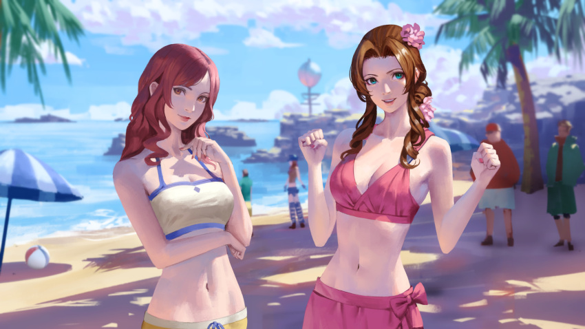 3girls aerith_gainsborough aerith_gainsborough_(pink_mermaid) ball beach beachball bikini bikini_skirt breasts brown_eyes brown_hair cissnei crisis_core_final_fantasy_vii final_fantasy final_fantasy_vii final_fantasy_vii_rebirth final_fantasy_vii_remake green_eyes highres kyrie_canaan multiple_girls navel ocean official_alternate_costume open_mouth outdoors palm_tree phamoz smile stomach swimsuit tree