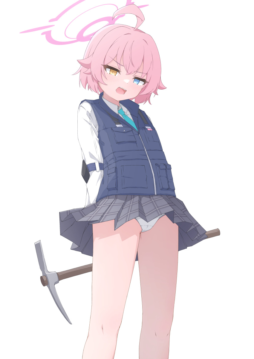 absurdres ahoge black_skirt black_vest blue_archive blue_eyes blush collared_shirt feet_out_of_frame female halo heterochromia highres holding holding_pickaxe hoshino_(blue_archive) hoshino_(young)_(blue_archive) long_sleeves mizusaki_(kn27) open_mouth panties pickaxe pink_hair pink_halo pleated_skirt shirt short_hair simple_background skirt solo underwear vest white_background white_panties white_shirt yellow_eyes