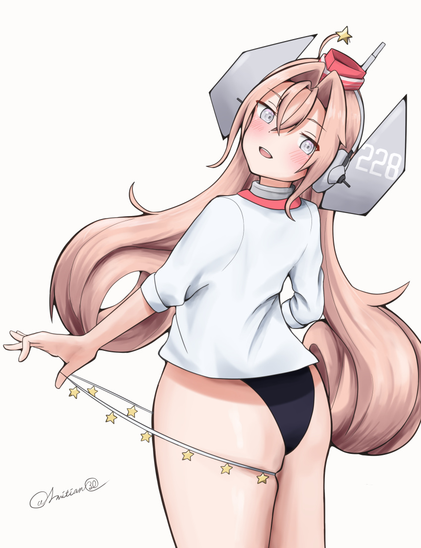 absurdres ass black_one-piece_swimsuit blonde_hair coat cowboy_shot drum_(kancolle) female from_behind garrison_cap grey_eyes hair_ornament hair_rings hat headgear highleg highleg_swimsuit highres kantai_collection l_meet long_hair looking_at_viewer looking_back one-piece_swimsuit skull_print solo star_(symbol) star_hair_ornament star_ornament swimsuit swimsuit_under_clothes thick_thighs thighs white_coat