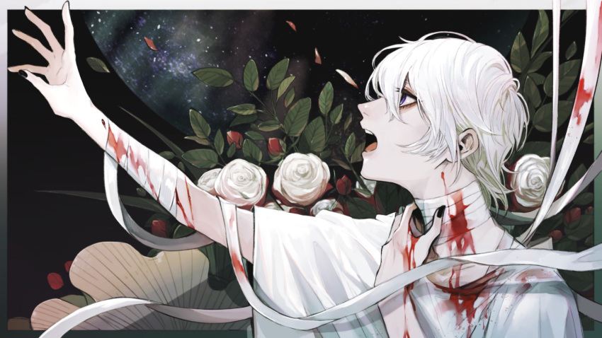 1boy arm_up bandaged_arm bandaged_neck bandages black_background black_nails blood blood_on_arm blood_on_bandages blood_on_clothes blood_on_neck flower hand_up highres hospital_gown looking_at_viewer looking_to_the_side maddy_(minai_mosa) male_focus minai_mosa open_mouth original outstretched_arms purple_eyes reaching rose short_hair solo upper_body white_flower white_hair white_rose wide_sleeves