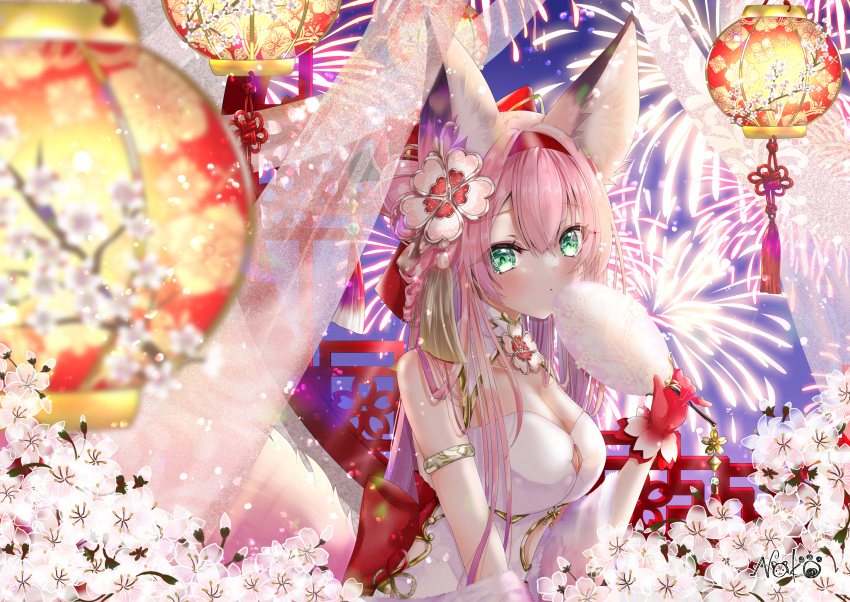 absurdres aerial_fireworks animal_ears armlet azur_lane breasts china_dress chinese_clothes chinese_new_year cleavage cleavage_cutout clothing_cutout dress female fireworks flower fox_ears fox_girl fox_tail gloves green_eyes hair_ornament hairband hanazuki_(azur_lane) hanazuki_(blossoming_spring_resplendent_moon)_(azur_lane) hand_fan hand_up highres holding holding_fan lantern looking_at_viewer nako_nya official_alternate_costume pink_gloves pink_hair pink_tail print_umbrella red_hairband sleeveless sleeveless_dress tail umbrella upper_body