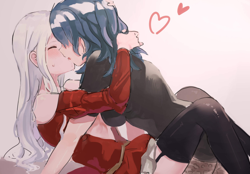 2girls absurdres alternate_legwear black_thighhighs blue_hair blush byleth_(female)_(fire_emblem) byleth_(fire_emblem) cape closed_eyes commentary_request couple dress edelgard_von_hresvelg fire_emblem fire_emblem:_three_houses gloves heart highres kissing leaning_on_person long_hair medium_hair multiple_girls pantyhose sakuramotikun saliva simple_background thighhighs uniform white_hair yuri