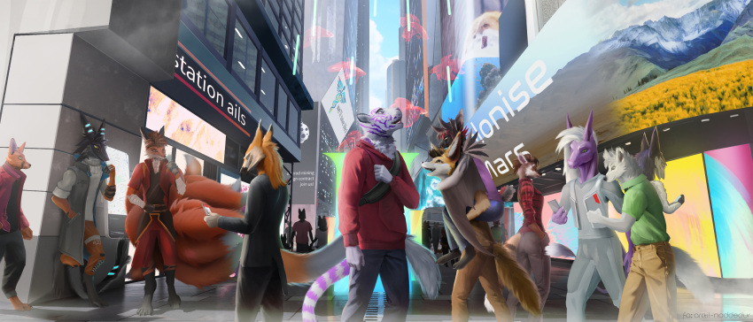 absurd_res anthro arctil-noddedur bat canid canine canis city cityscape cyberpunk detailed_background english_text felid female fox group hi_res humanoid lights male mammal pantherine science_fiction sergal street tarin_nailo text tiger wolf