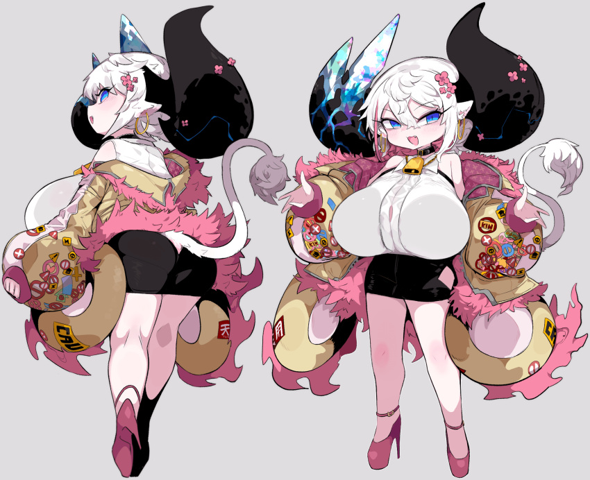 animal_ears asymmetrical_horns bare_legs bell black_horns blue_eyes breasts choker cow_ears cow_girl cow_horns cow_tail cowbell crystal crystal_horns female full_body gigantic_breasts grey_background grey_eyes high_heels highres horns huge_breasts huge_horns mato_tsuyoi miniskirt mismatched_horns multiple_views neck_bell opal_(gemstone) oppai_loli original pencil_skirt short_hair sideways_glance simple_background skirt standing tail turnaround white_hair yamada_vanhouten_(mato_tsuyoi)