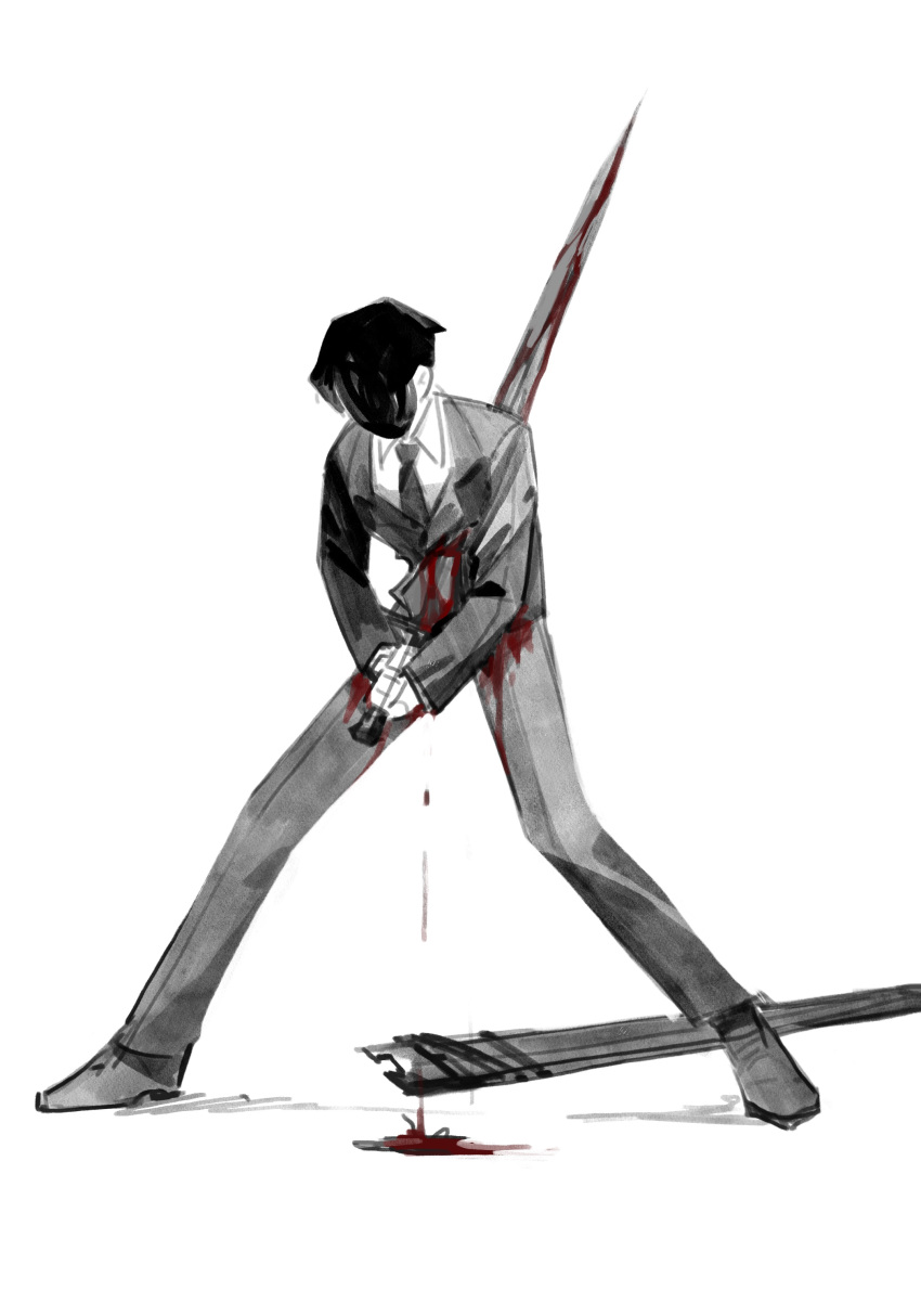 1boy absurdres beeeeeebird blood blood_on_clothes blood_on_weapon collared_shirt full_body highres holding holding_sword holding_weapon impaled library_of_ruina male_focus necktie pants project_moon roland_(project_moon) seppuku sheath shirt shoes simple_background solo spot_color stab suicide suit sword unsheathing weapon