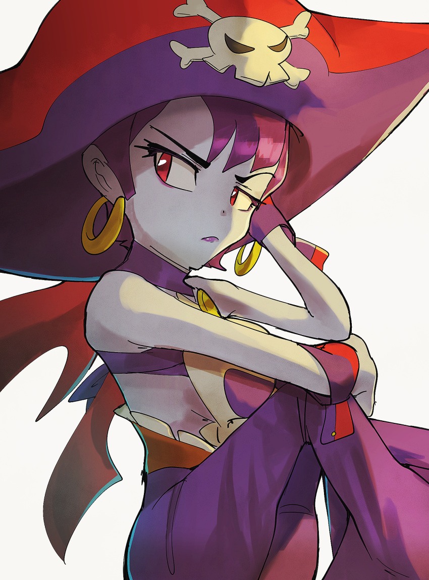 bare_shoulders blue_skin closed_mouth colored_skin earrings eyelashes female hand_on_own_head hat highres hoop_earrings jaibus jewelry looking_to_the_side pants pirate_hat purple_hair purple_pants red_eyes red_hat risky_boots shantae_(series) skull_and_crossbones solo white_background