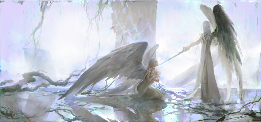 1boy 1other absurdres angel angel_wings baby black_hair black_wings branch chinese_commentary commentary_request dress feathered_wings female highres holding holding_baby holding_sword holding_weapon large_wings leo-dont-want-to-be-a-painter long_hair long_sleeves original production_art reflective_floor robe seiza sitting standing sword weapon white_hair white_robe white_wings wings