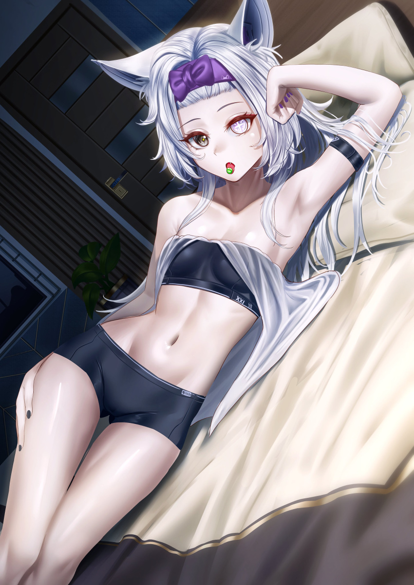 absurdres animal_ears black_bra black_panties bra cross-shaped_pupils female food_in_mouth grey_hair hair_intakes hairband heterochromia highres indoors long_hair manjo_(warito) mechanical_ears mismatched_pupils navel no.21:_feral_scent_(punishing:_gray_raven) no.21_(punishing:_gray_raven) oerba_yun_fang open_mouth panties punishing:_gray_raven purple_hairband purple_nails sidelocks solo symbol-shaped_pupils underwear wolf_ears