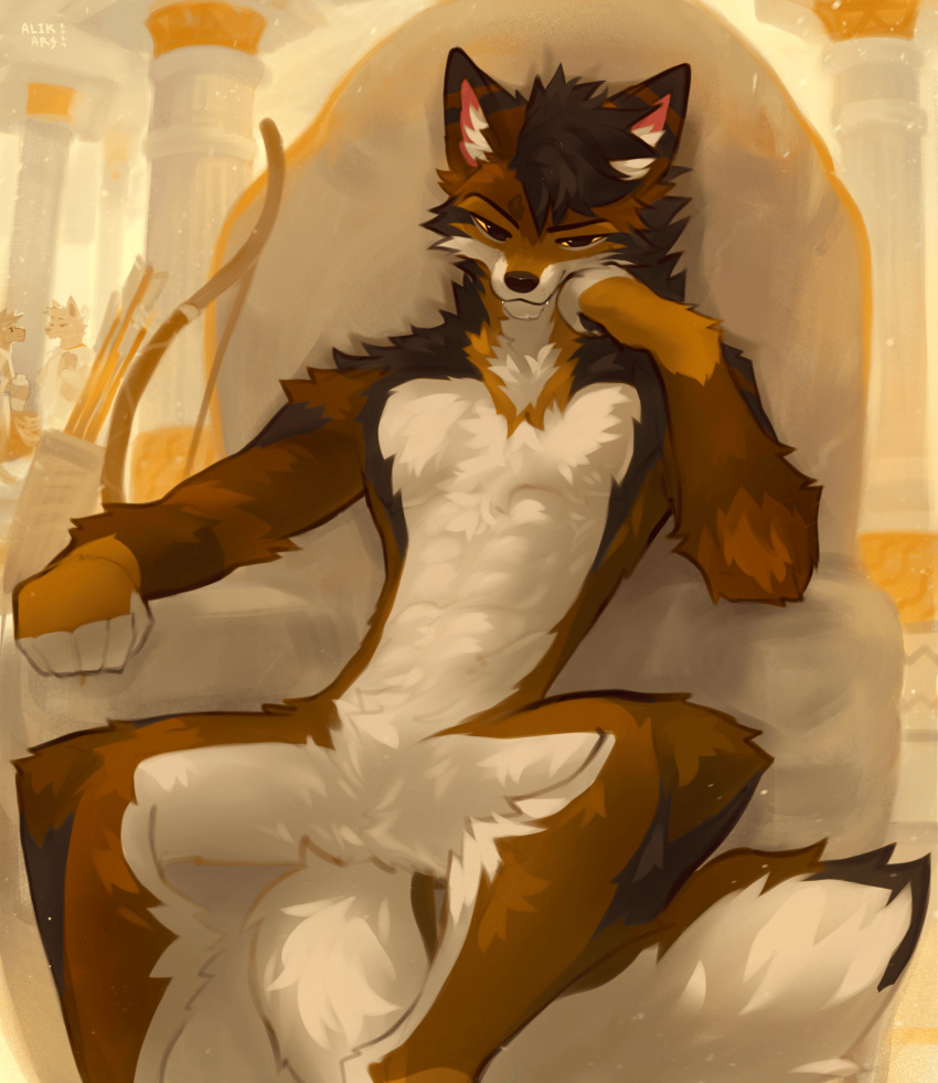 alikars ancient_rome anthro arm_support bedroom_eyes bow_(weapon) canid canine canis chair cheek_tuft digitigrade facial_tuft fangs featureless_crotch fluffy fluffy_tail fur furniture hair hi_res leaning_on_elbow looking_at_viewer male mammal narrowed_eyes neck_tuft nude presenting ranged_weapon seductive sitting smile smiling_at_viewer solo spread_legs spreading tail teeth throne tuft weapon wolf