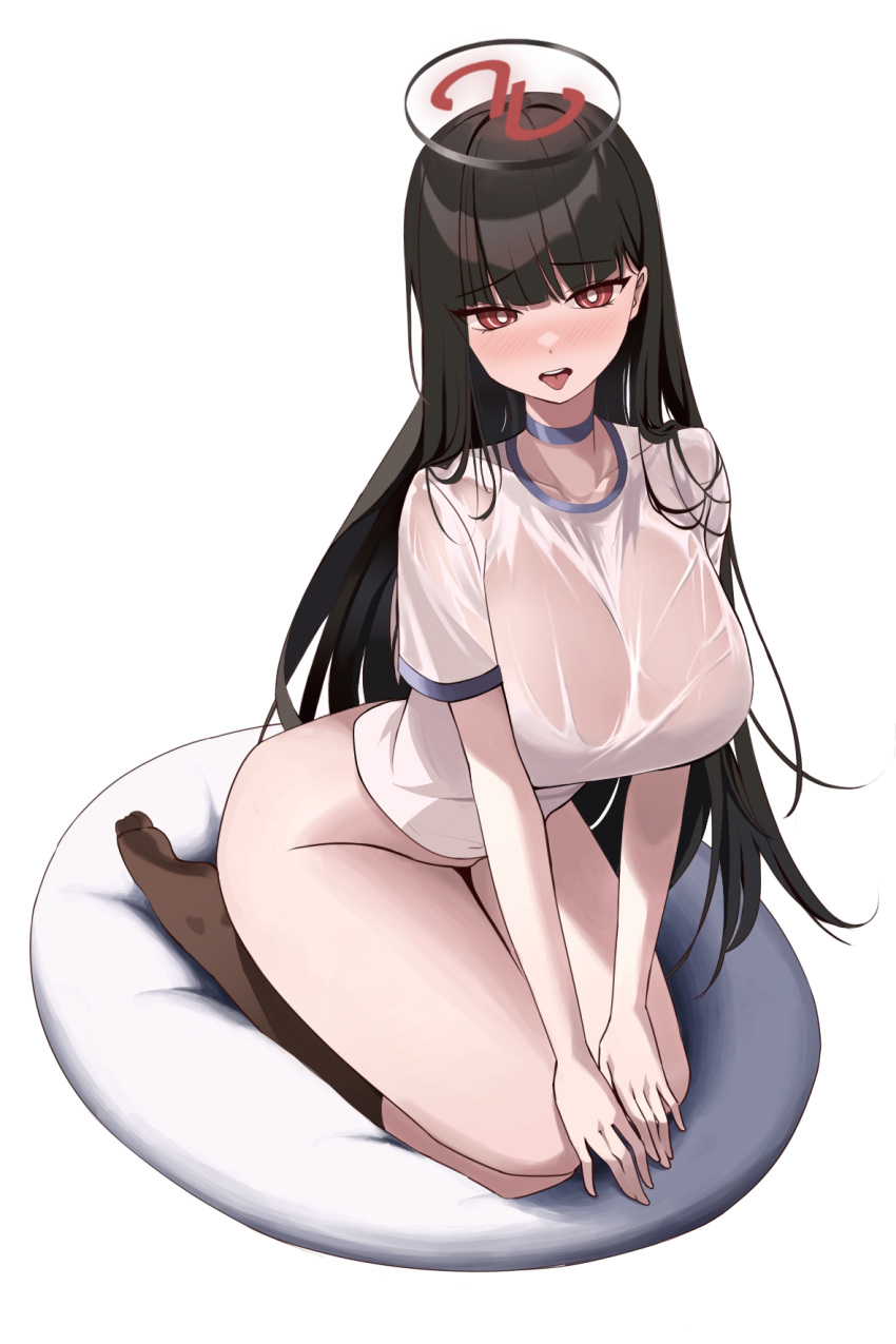 alternate_costume black_hair black_socks blue_archive blush breasts bright_pupils collarbone female full_body gym_shirt hair_ornament hairpin halo highres large_breasts long_hair looking_at_viewer magya416 no_panties open_mouth red_eyes revision rio_(blue_archive) see-through see-through_shirt shirt short_sleeves simple_background socks solo tongue tongue_out wet wet_clothes wet_shirt white_background white_pupils white_shirt