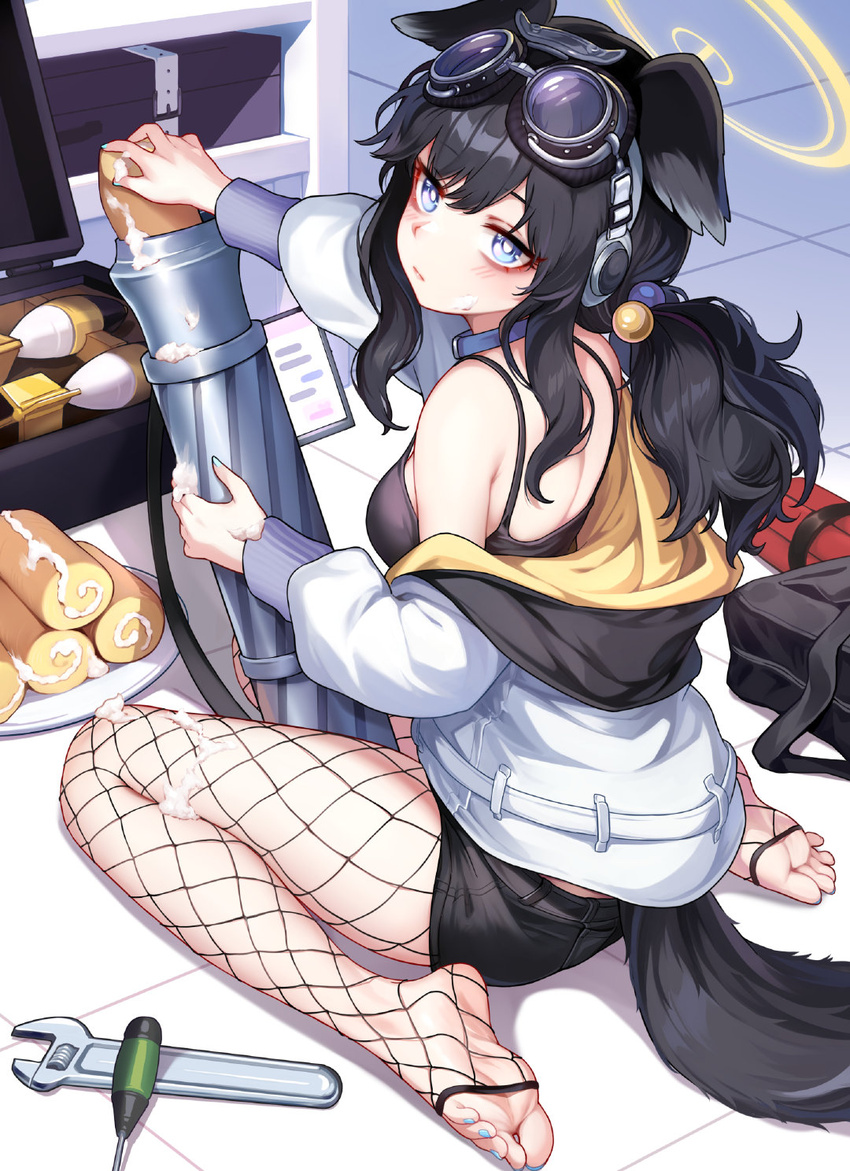 ammunition animal_ears bare_shoulders black_hair black_shorts blue_archive blue_eyes blue_nails blush breasts cake camisole closed_mouth dog_ears dog_girl dog_tail eyewear_on_head feet female fishnet_pantyhose fishnets food food_on_body goggles goggles_on_head halo hibiki_(blue_archive) highres holding holding_food hood hooded_jacket jacket long_hair long_sleeves looking_at_viewer looking_back medium_breasts mortar_(weapon) mortar_shell no_shoes off_shoulder open_clothes open_jacket pantyhose screwdriver shorts sitting solo swiss_roll tail taotao twintails wariza wrench