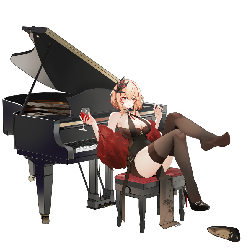 absurdres alcohol artist_name azur_lane bare_shoulders black_dress black_footwear breasts brown_eyes brown_thighhighs chinese_commentary cleavage cup dress drinking_glass evening_gown feather_boa female full_body grand_piano hair_ornament halter_dress halterneck high_heels highres instrument large_breasts looking_at_viewer multicolored_hair official_alternate_costume orange_hair pelvic_curtain piano red_hair red_wine roon_(azur_lane) roon_(viridescent_lullaby)_(azur_lane) shoes short_hair simple_background single_shoe sleeveless sleeveless_dress solo stiletto_heels streaked_hair thighhighs tight_clothes tight_dress two-tone_hair unworn_shoes white_background wine wine_glass xnnagu