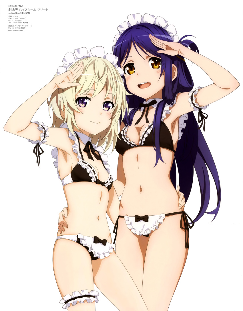 2girls :d absurdres arm_garter armpits bikini black_bikini black_hair blonde_hair blue_hair breasts bridal_garter brown_eyes detached_collar folded_hair high_school_fleet highres long_hair maid maid_bikini maid_headdress marikouji_kaede mc_axis multiple_girls navel neck_ribbon official_art open_mouth purple_eyes ribbon side-tie_bikini_bottom small_breasts smile swimsuit tateishi_shima thighs unconventional_maid