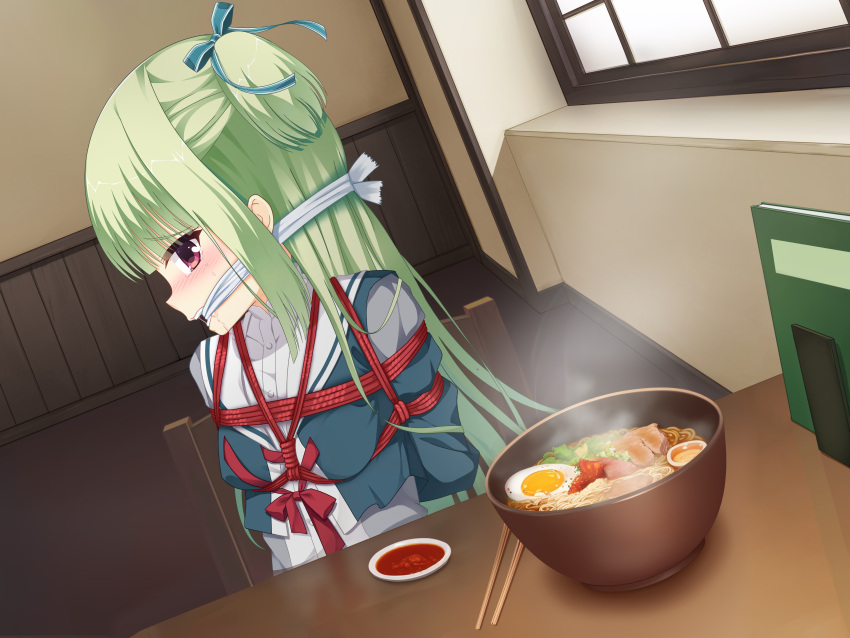 absurdres blue_ribbon blunt_bangs blunt_ends blush bondage bondage bondage bound breasts chopsticks commentary drooling dutch_angle egg_(food) female food furrowed_brow gag gagged green_hair green_jacket hair_ribbon highres hime_cut improvised_gag jacket long_hair meitoku mouth_drool murasame_(senren) neglect_play noodles nose_blush on_chair open_mouth profile ramen red_eyes ribbon sailor_collar school_uniform senren_banka serafuku sidelocks sitting small_breasts solo steam straight_hair table tears teeth two_side_up upper_body very_long_hair white_sailor_collar