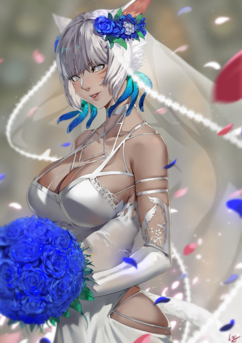 1girls blind blue_rose blurry_background bouquet breasts bridal_veil bride cat_ears cat_tail cleavage club3 dark-skinned_female dark_skin depth_of_field elbow_gloves female final_fantasy final_fantasy_xiv flower grey_hair hair_flower hi_res hip_vent large_breasts looking_at_viewer miqo'te nanaya_(daaijianglin) parted_lips petals rose slit_pupils solo solo_female wedding_dress wholesome y'shtola