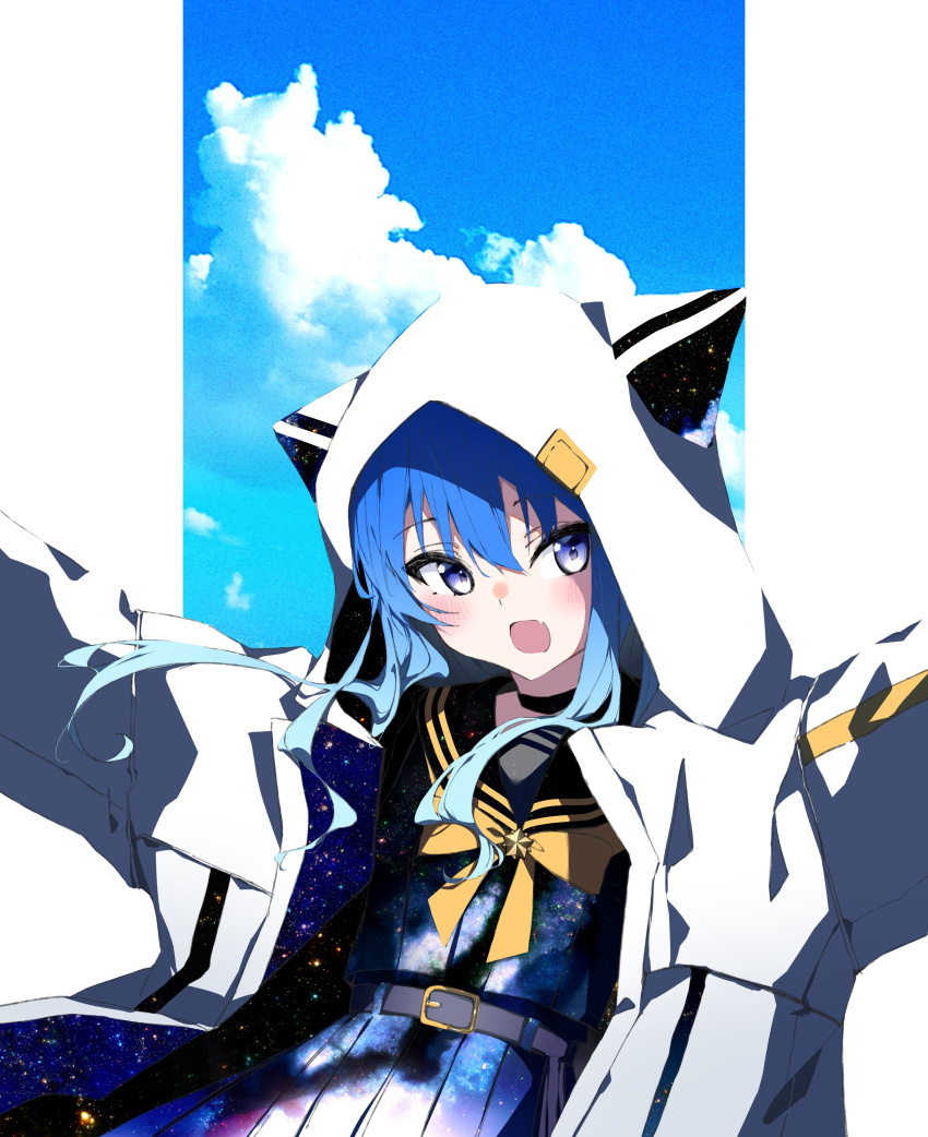 absurdres animal_hood bad_id bad_twitter_id belt blue_eyes blue_hair blush bow choker cloud cowboy_shot female gradient_hair hair_between_eyes highres hololive hood hood_up hooded_jacket hoshimachi_suisei hoshimachi_suisei_(school_uniform) jacket light_blue_hair long_hair looking_to_the_side mokoso multicolored_hair oerba_yun_fang official_alternate_costume official_alternate_hair_length official_alternate_hairstyle open_mouth outstretched_arms pleated_skirt sailor_collar school_uniform sidelocks skin_fang skirt sky solo space_print star_(sky) starry_sky starry_sky_print virtual_youtuber white_jacket