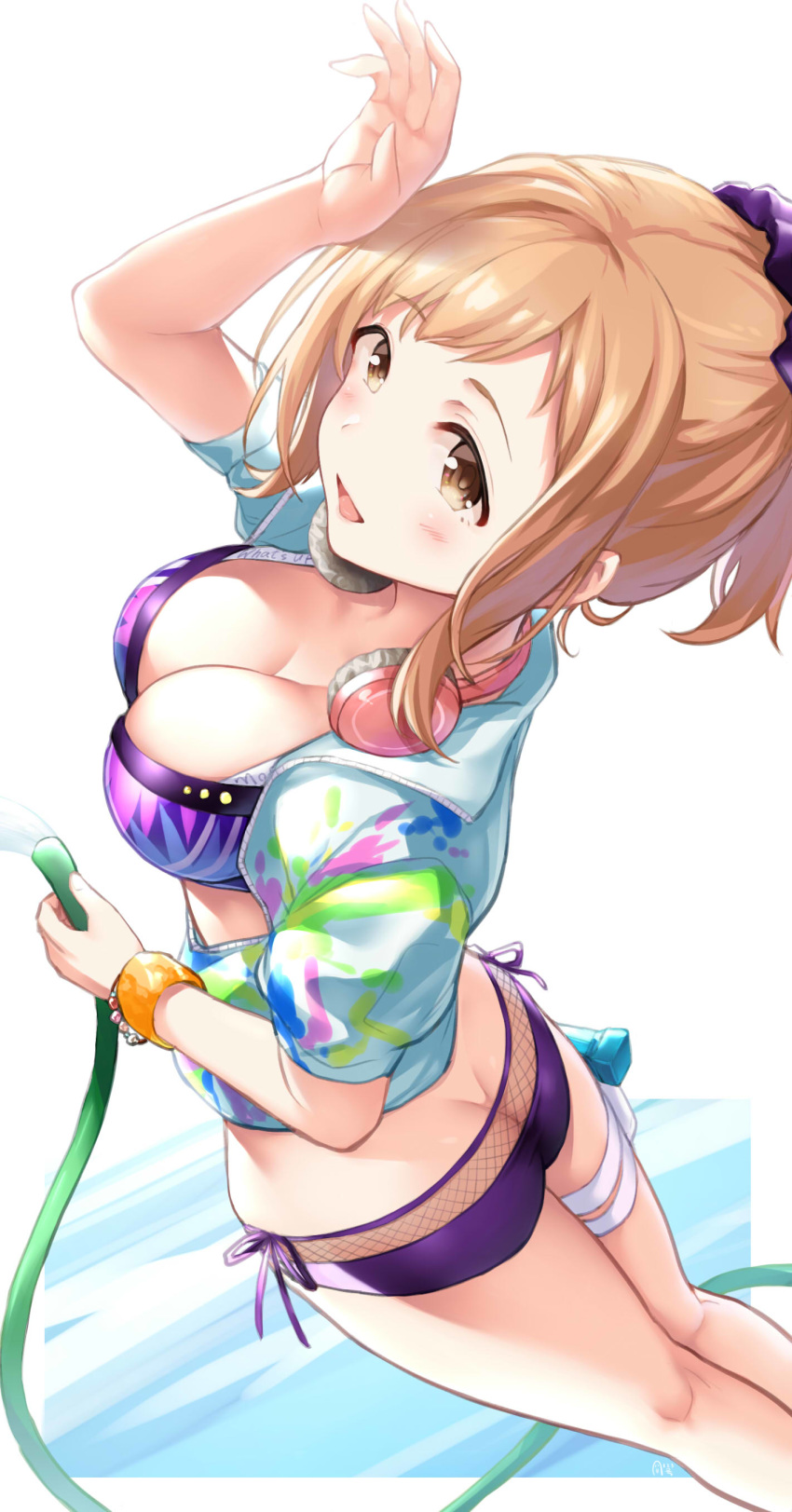 absurdres ass bikini blush breasts brown_eyes cleavage commentary_request female from_above from_behind hair_ornament headphones headphones_around_neck highres holding idolmaster idolmaster_shiny_colors kijibato_123-gou light_brown_hair long_hair looking_at_viewer open_mouth purple_bikini sakuragi_mano smile solo swimsuit