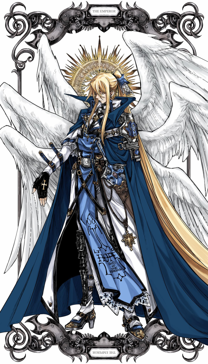 1boy adapted_costume angel_wings belt blonde_hair closed_mouth cross dong_hole english_text fingerless_gloves gloves guilty_gear guilty_gear_xrd high_heels highres ky_kiske long_hair magnolia_eclair_ii male_focus multiple_belts multiple_wings ponytail sheath sword tarot tarot_(medium) the_emperor_(tarot) weapon wings