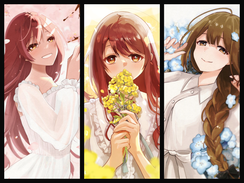 19_okeke 3girls absurdres alstroemeria_(idolmaster) alternate_costume black_border blue_flower blurry blush border cherry_blossoms collage column_lineup covered_mouth covering_own_mouth depth_of_field dress floral_background flower frilled_dress frills highres holding holding_flower idolmaster idolmaster_shiny_colors kuwayama_chiyuki looking_at_viewer multiple_girls nemophila_(flower) osaki_amana osaki_tenka rapeseed_blossoms red_hair side_ponytail smile straight_hair yellow_flower