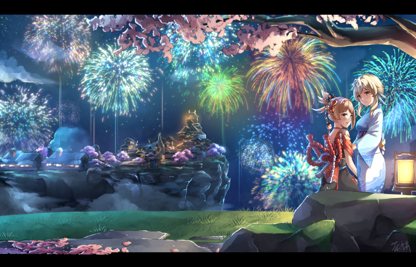 2girls :d aerial_fireworks blonde_hair blush bow brown_eyes brown_hair building chahei closed_mouth cloud commentary_request fireworks genshin_impact hairbow highres japanese_clothes kimono lantern letterboxed long_sleeves lumine_(genshin_impact) multiple_girls night night_sky open_mouth outdoors red_bow rope shimenawa sitting sky smile tree white_kimono wide_sleeves yoimiya_(genshin_impact)