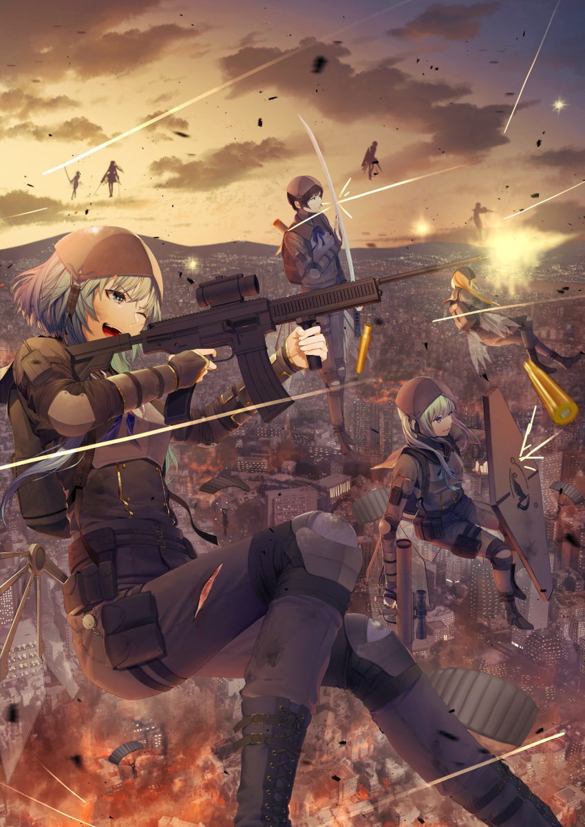 1boy 6+girls assault_rifle bodysuit city cloud dusk fire floating flying gun hamlet highres holding holding_gun holding_shield holding_sword holding_weapon incoming_attack military military_uniform multiple_girls original rifle science_fiction shi_niao shield sky sword uniform war weapon